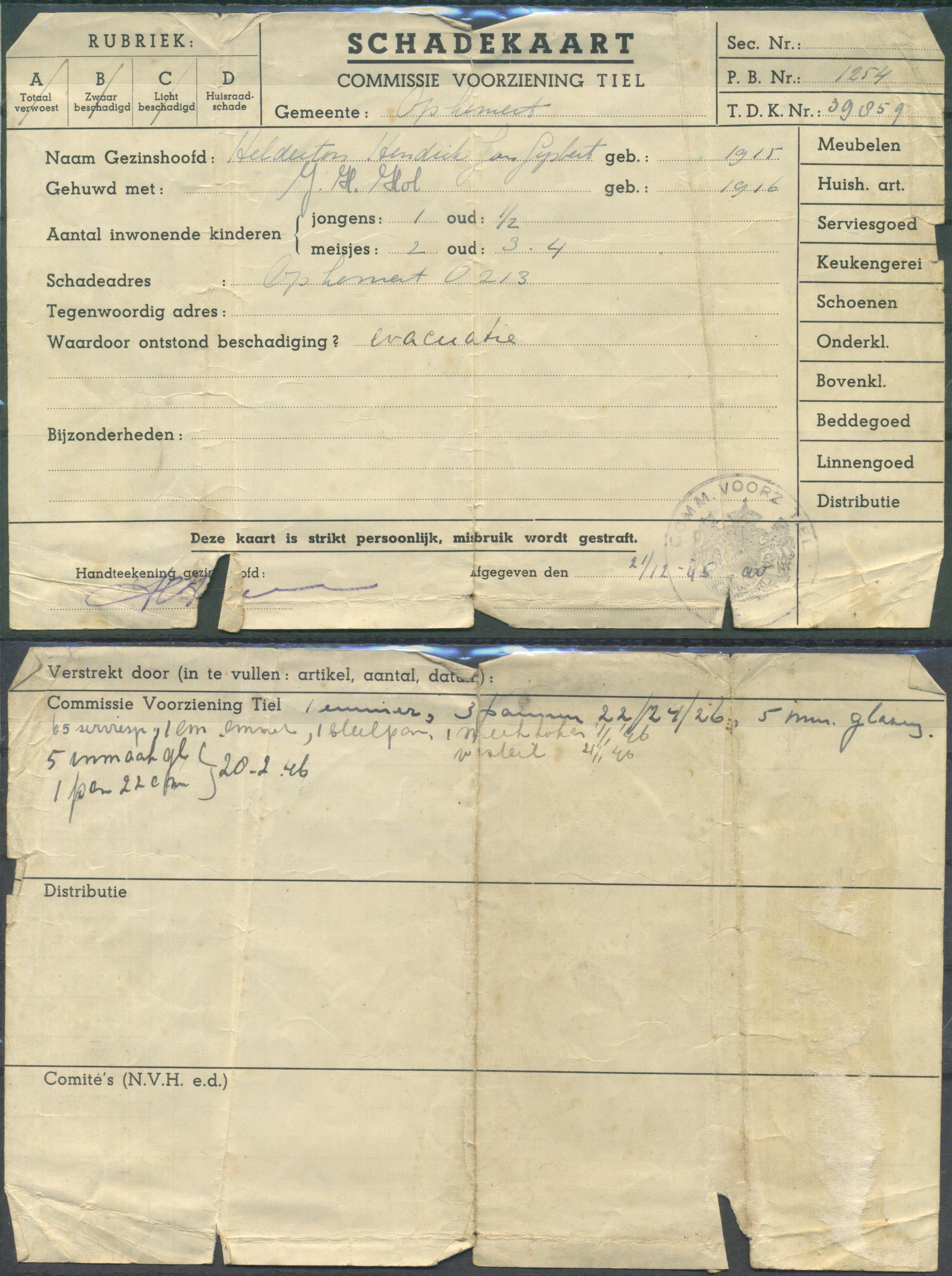 Нидерланды документация, карта повреждений. Комитет по обеспечению Тила бумага 6285-8-3-1