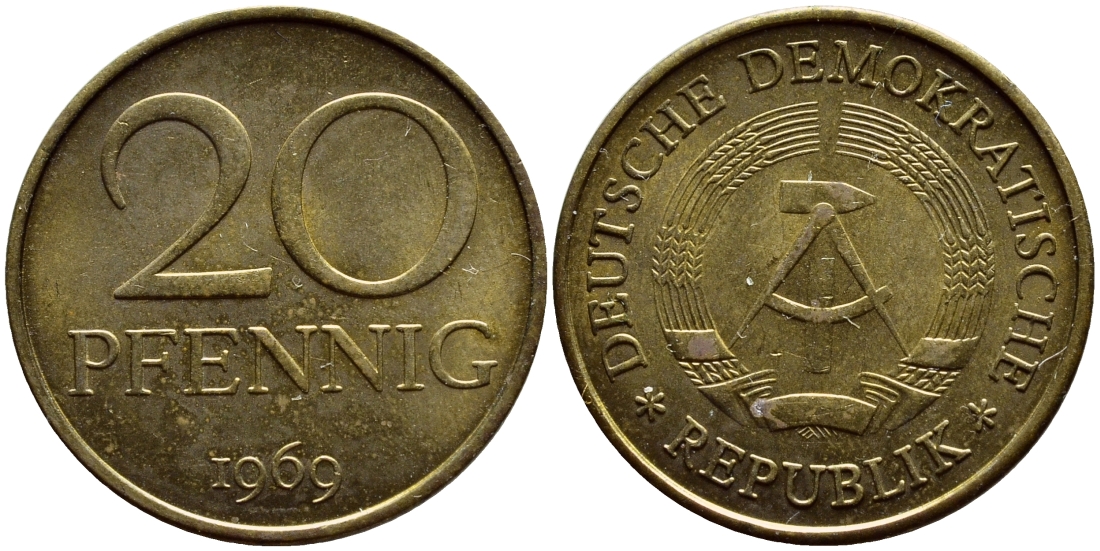 ГДР 20 пфеннигов 1969 А, первый год KM 11 латунь UNC 73-1314