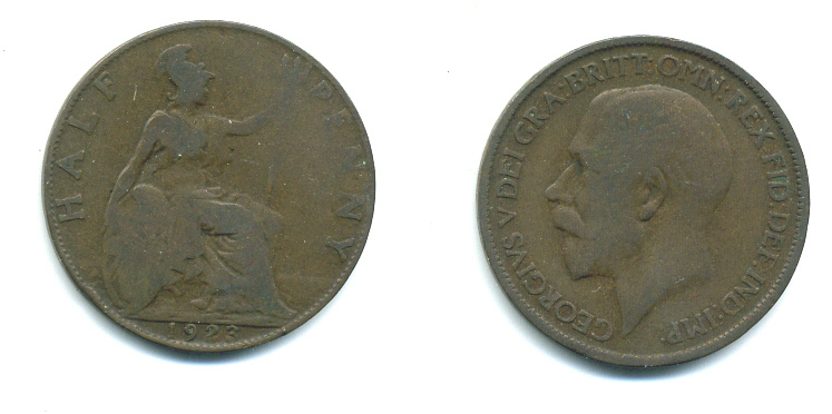 Великобритания 1/2 пенни 1923 Георг V (1910-1936) KM 809, Spink 4056 бронза 4383-951