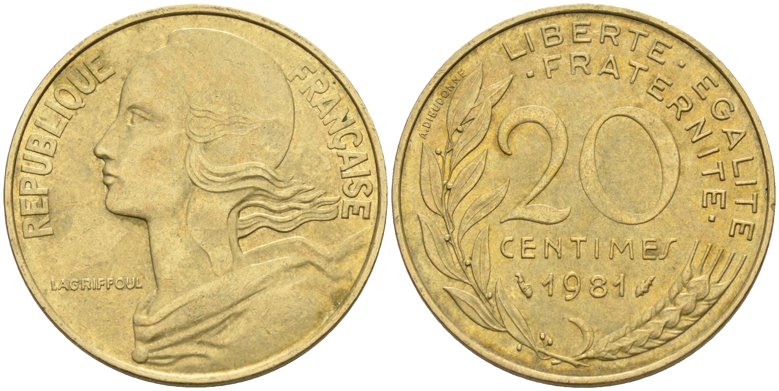 Франция 20 сантимов 1981 тип Марианна KM 930 медь алюминий никель 4116-534