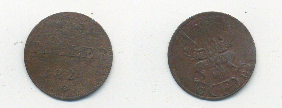 Франкфурт 1 геллер 1821 GB AKS 30, Jaeger 10, KM 301 медь 46-361