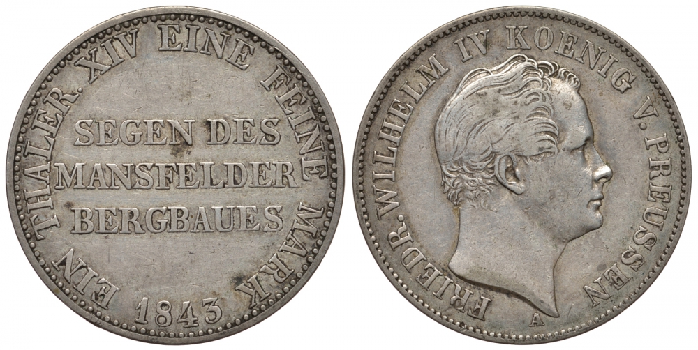 Пруссия 1 талер 1843 А, Фридрих Вильгельм IV (1840-1861) KM 446, AKS 75, Dav. 770, Kahnt 376, Thun 257 серебро 00-814-12