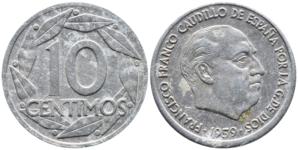 Испания 10 сентимо 1959 Франсиско Франко (1939-1975) KM 790 алюминий 4392-465