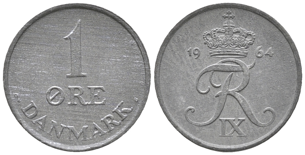 ДАНИЯ 1 ЭРЕ 1964 C; S, ФРЕДЕРИК IX (1947-1972) KM 839.2 цинк UNC 100-1132