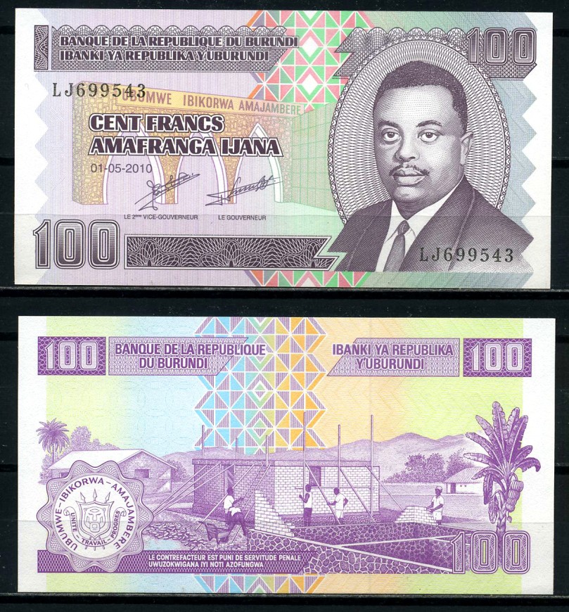 Бурунди 100 франков 2010 1 мая 2010, Prince Rwagasore Pick 44а бумага UNC (пресс) 6317-43-1-2
