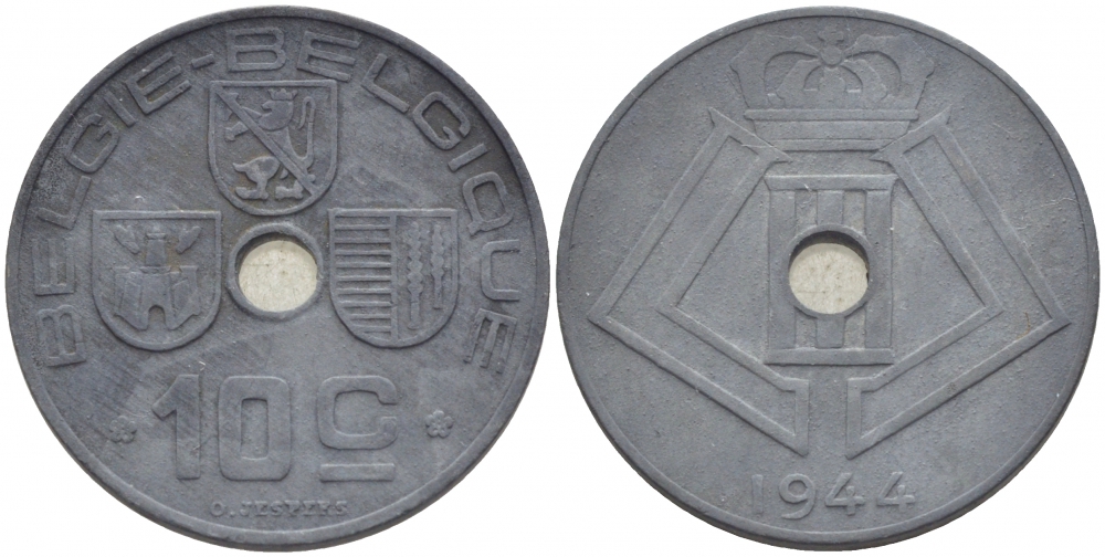 БЕЛЬГИЯ 10 САНТИМОВ 1944 BELGIE-BELGIQUE KM 126 цинк 4448-222