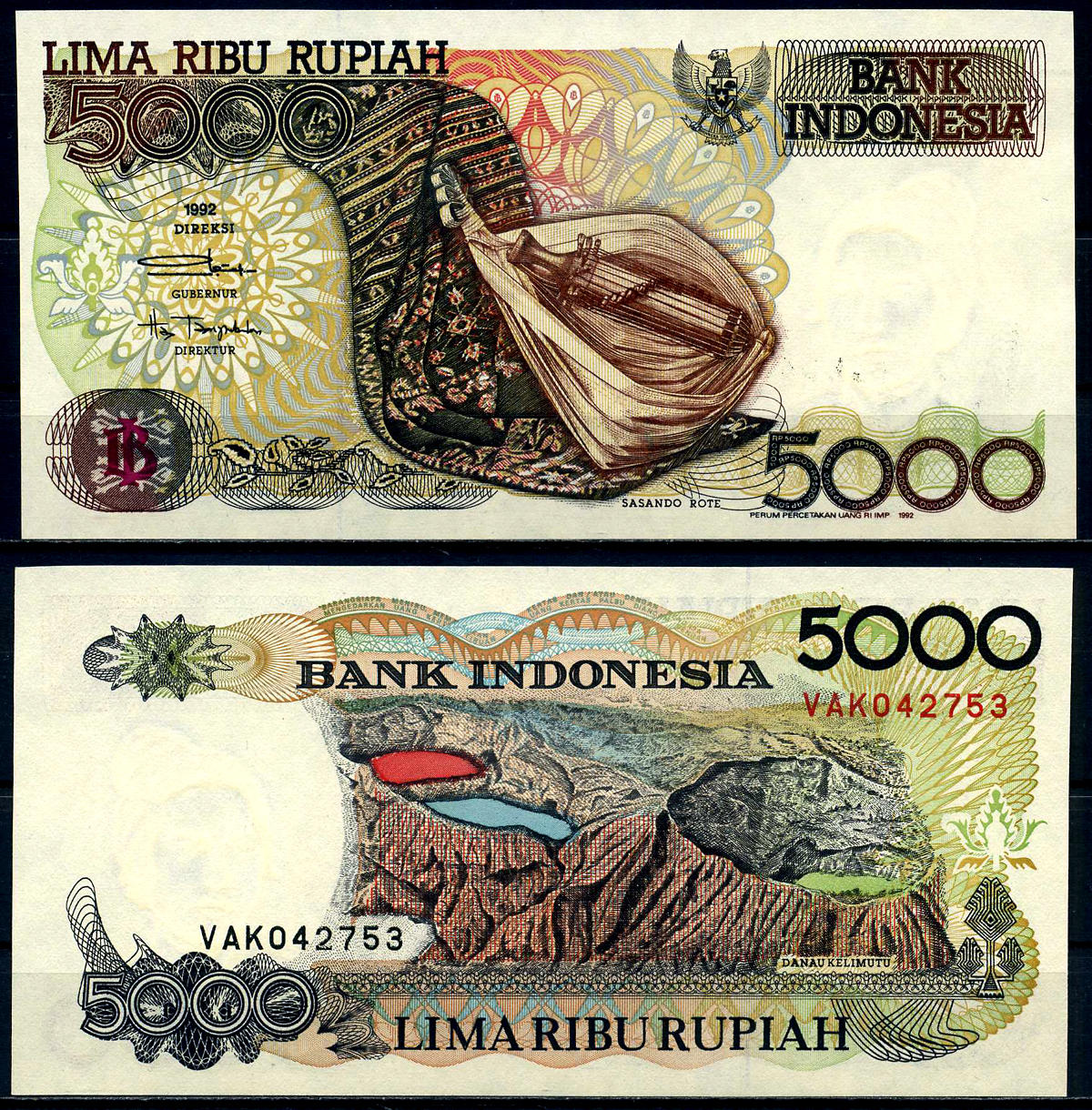 Индонезия 5000 рупий 1992 Сасандо (музыкальный инструмент), гобелен (остров Роте), Келимуту (трехцветное озеро) Pick 130a бумага UNC (пресс) 7201-14-3