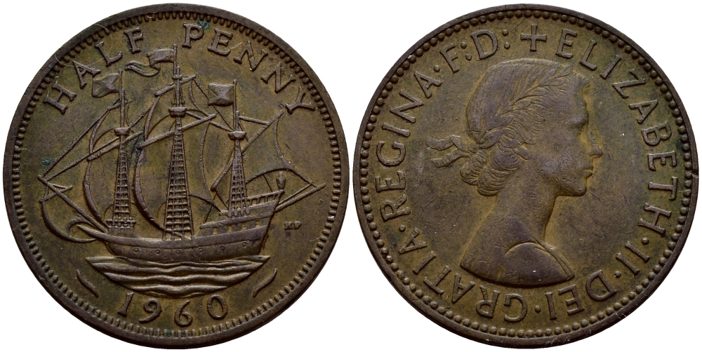 Великобритания 1/2 пенни 1960 Елизавета II (1952-2022) KM 896, Spink 4158 бронза 57-412