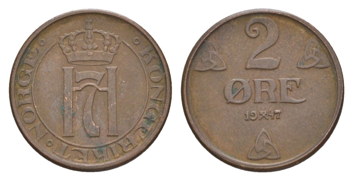 Норвегия 2 эре 1947 Хокон VII (1905-1957) KM 371 бронза 4635-317