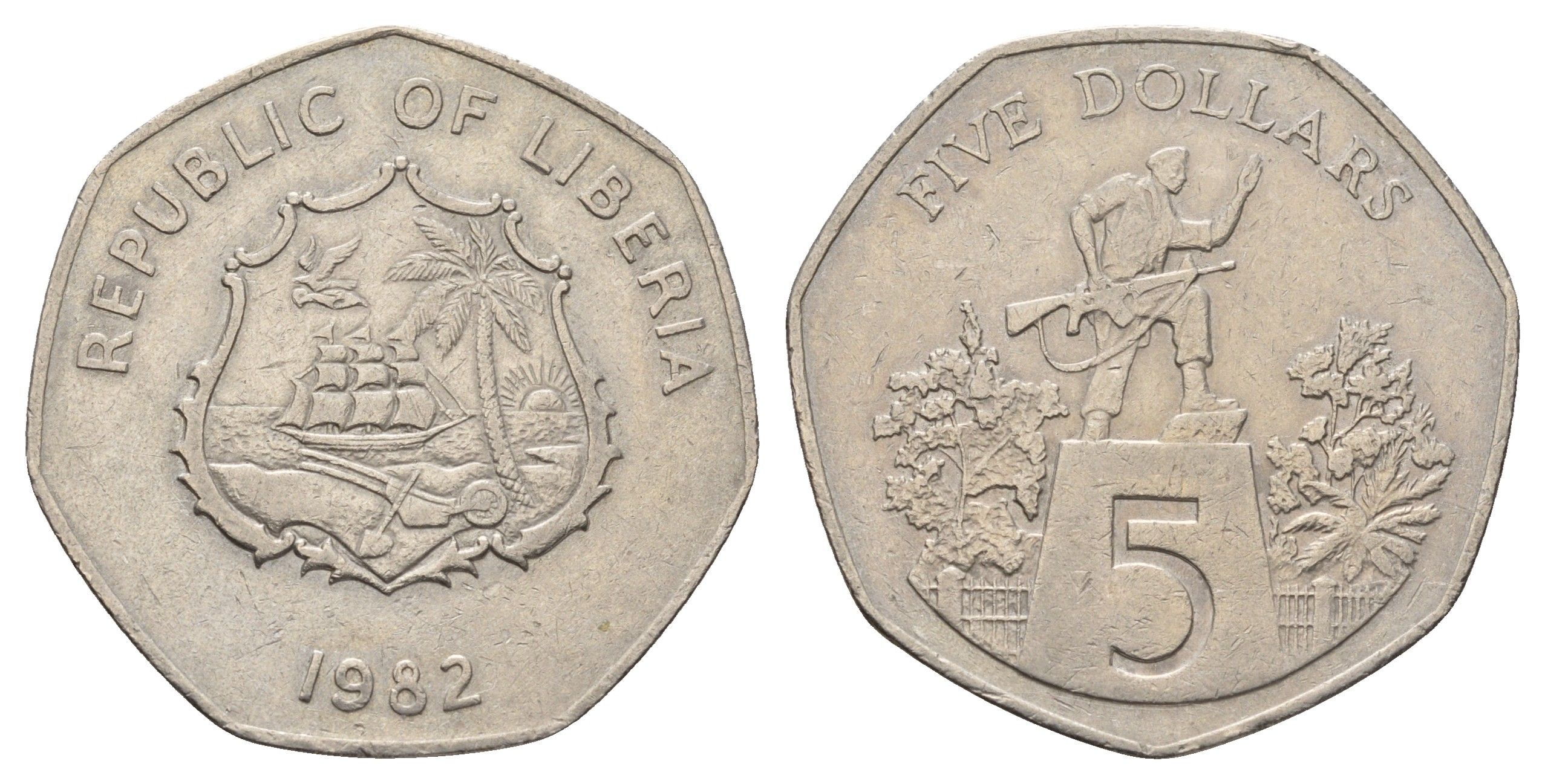 Либерия 5 долларов 1982 KM 44 медно-никель 4672-1025