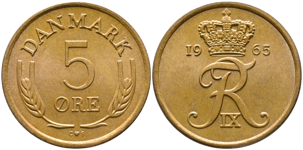 ДАНИЯ 5 ЭРЕ 1965 C; S, ФРЕДЕРИК IX (1947-1972) KM 848.1 бронза UNC 28-1051