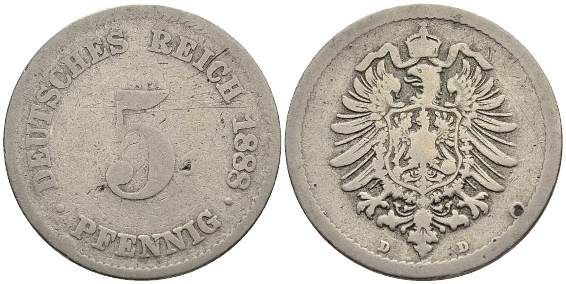 ГЕРМАНИЯ 5 ПФЕННИГОВ 1888 D, СТАРОГЕРБОВКА KM 3, Jager 3, Weege 5 медно-никель 4546-1054