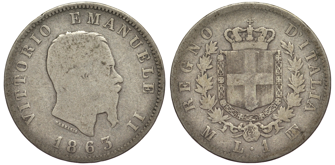 Италия 1 лира 1863 M-BN, Виктор Эммануил II KM 5a.1 серебро 27-1257