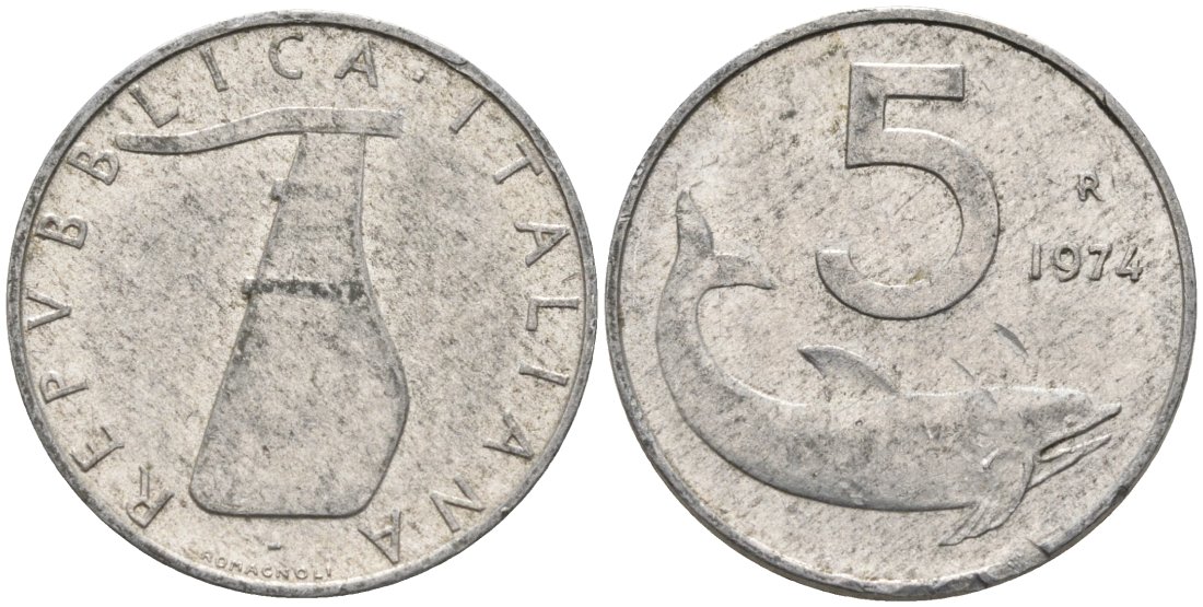 Италия 5 лир 1974 R, дельфин, руль KM 92 алюминий 4567-719