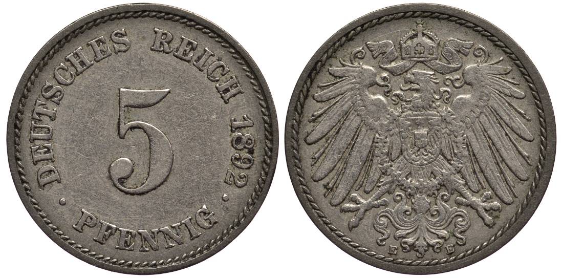 ГЕРМАНИЯ 5 ПФЕННИГОВ 1892 E KM 11, Jager 12, Weege 6 медно-никель 4547-331