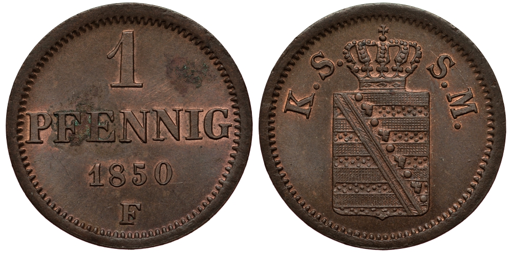 Саксония 1 пфенниг 1850 Фридрих Август II (1797-1854), из коллекции Gerhart Rother KM 1155, AKS 112, J. 79 медь aUNC 413-4742