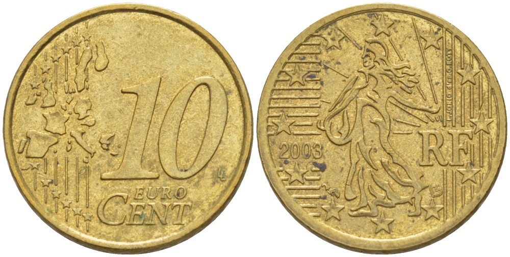 Франция 10 евроцентов 2003 KM 1285 латунь 216-1147