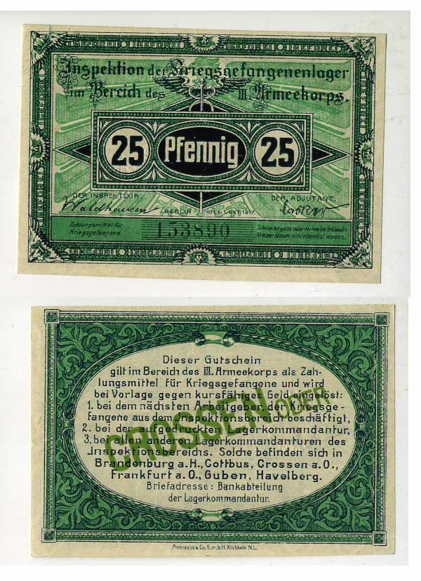 Германия 25 пфеннигов 1917 инспекция лагерей военнопленных в Кроссене, III-ий Армейский корпус C-2848 бумага UNC (пресс) 504-90-1-1