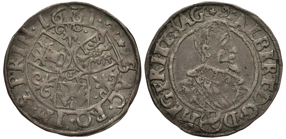 Валенштайн 3 крейцера 1631 Альберт фон Валенштайн (1623-1634), портрет вправо, вес 1,74 гр. серебро 1516-733