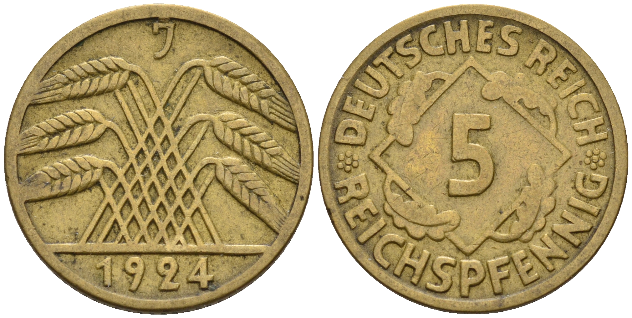 Германия 5 рейхспфеннигов 1924 J KM 39, J. 316 алюминиевая бронза    4596-314