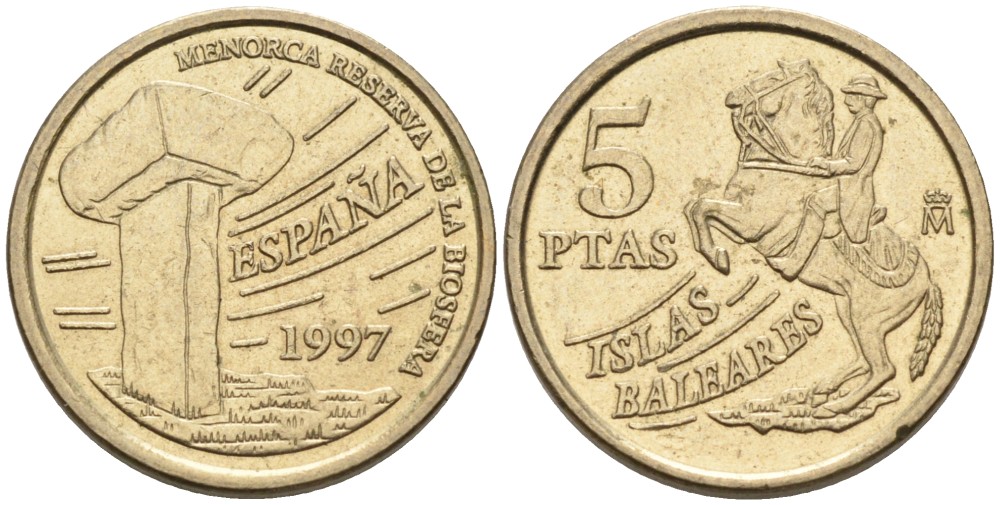 Испания 5 песет 1997 Хуан Карлос I (1975-2014), Балеарские острова, всадник KM 981 алюминиевая бронза 71-557