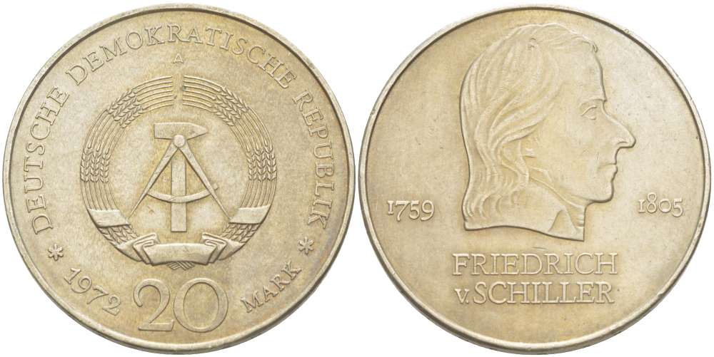 ГДР 20 марок 1972 А, Фридрих Шиллер (1759-1805) KM 40 медно-никель 4521-641