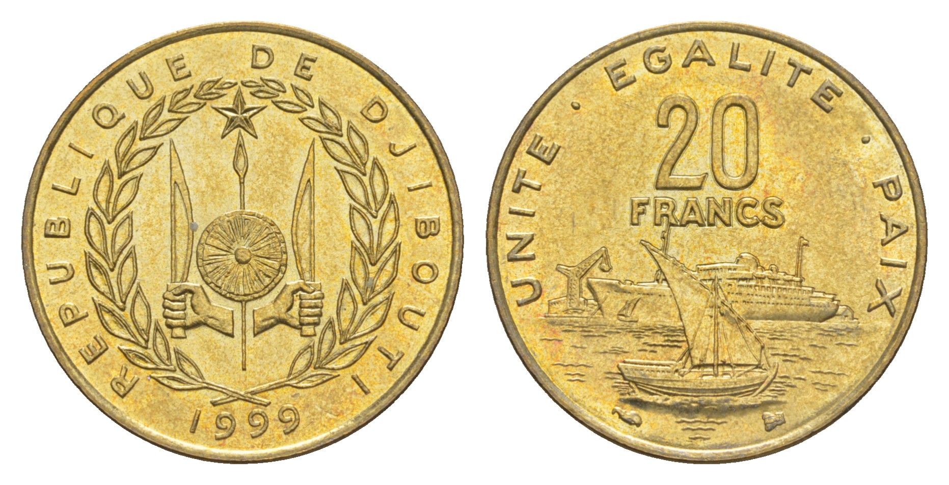 Джибути 20 франков 1999 KM 24 медь алюминий никель UNC 4652-1015