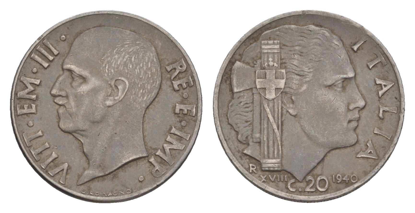 Италия 20 чентезимо 1940 Магнетик, рубчатый гурт KM 75b нержавеющая сталь 4643-319