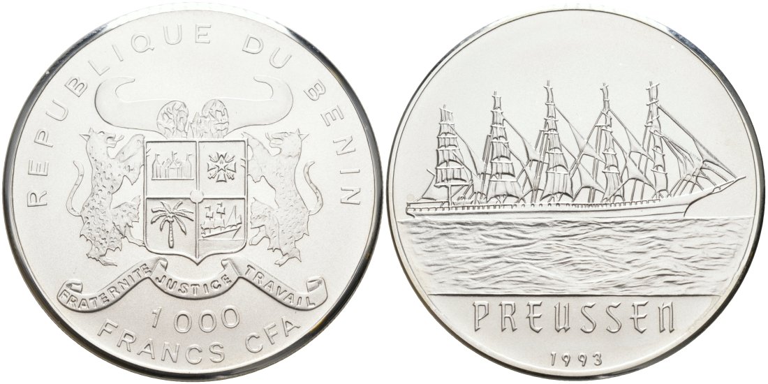 Бенин 1000 франков 1993 парусник "Preussen", тираж 100 экз. KM 10 серебро UNC 00-000-00