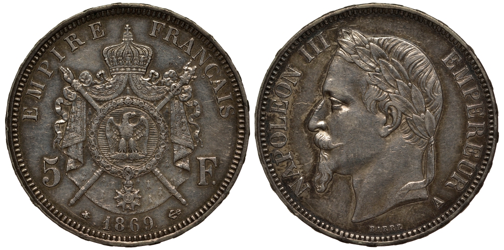 Франция 5 франков 1869 А, Наполеон III (1852-1870) KM 799.1, Gadoury 739 серебро 413-2935