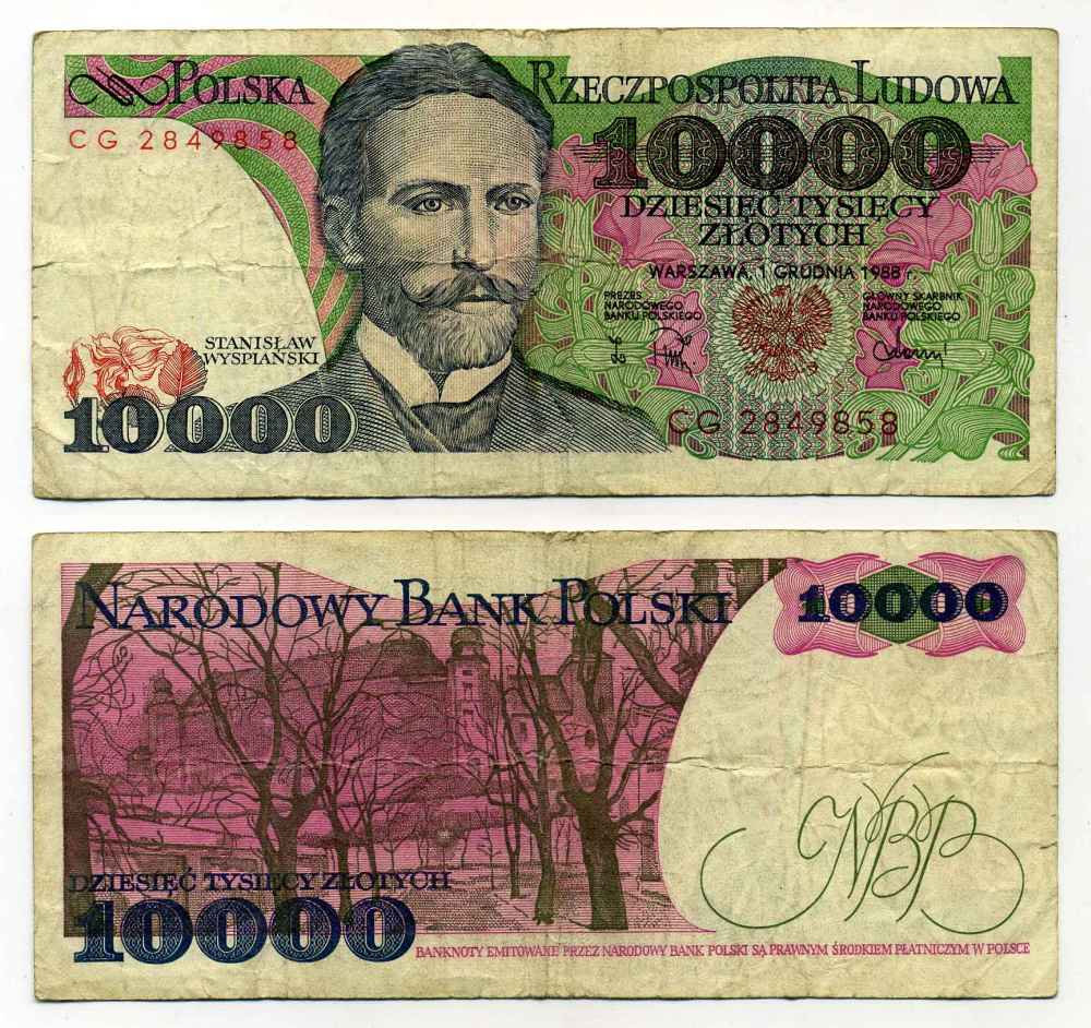 ПОЛЬША 10000 ЗЛОТЫХ 1988 1 ДЕКАБРЯ 1988, СТАНИСЛАВ ВЫСПЯНЬСКИЙ Pick 151b бумага 8588-62-3-1