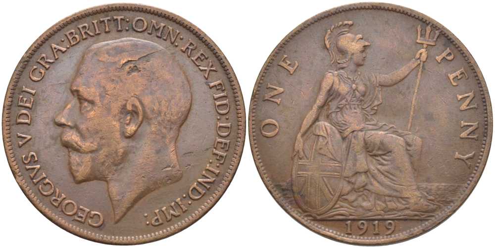 Великобритания 1 пенни 1919 Георг V (1910-1936) KM 810, Spink 4051 бронза 115-133