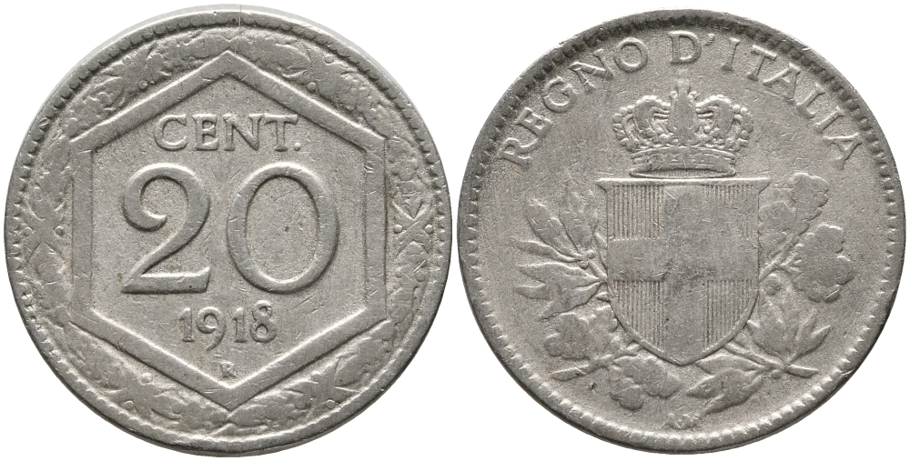 ИТАЛИЯ 20 ЧЕНТЕЗИМО 1918 R, ВИКТОР ИМАНУИЛ III KM 58 медно-никель 75-1912