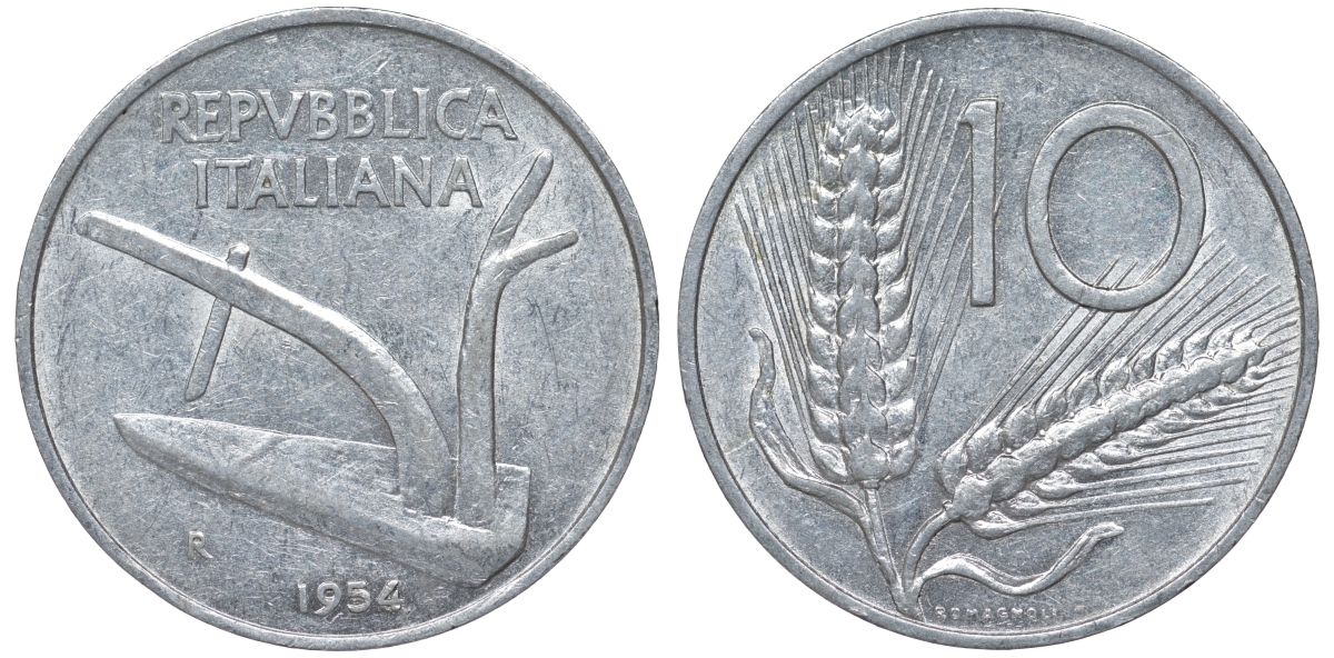 Италия 10 лир 1954 R, колосья KM 93 алюминий 4543-353