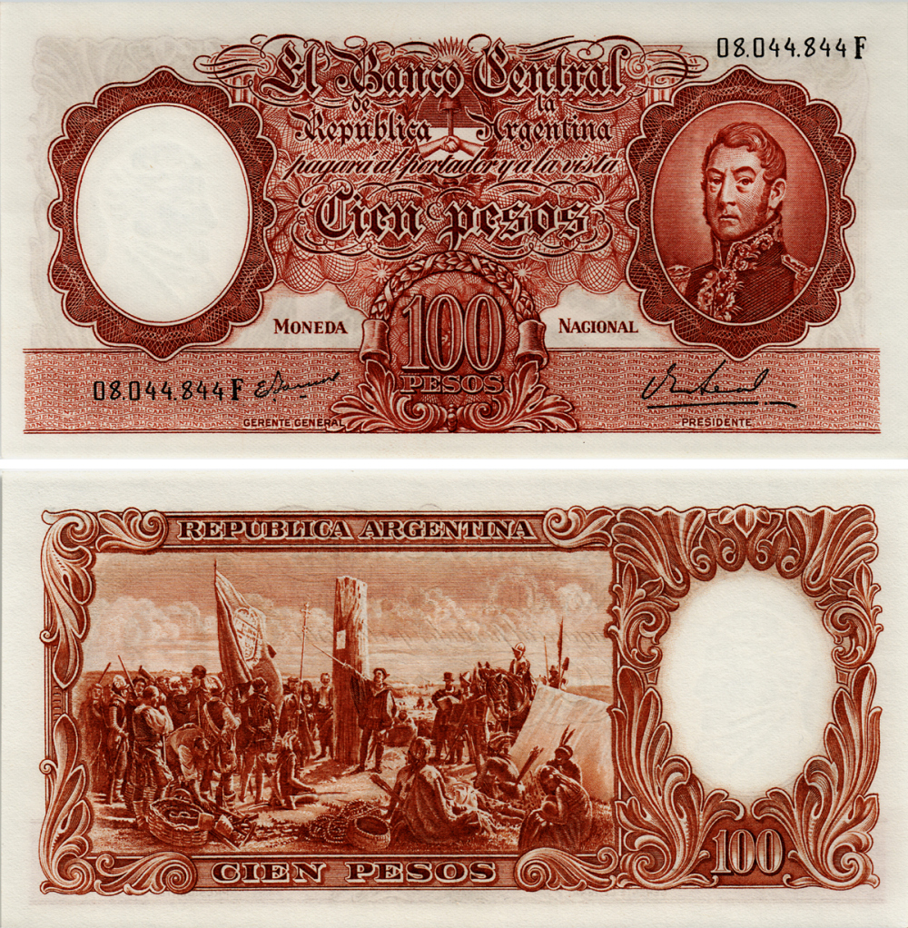 АРГЕНТИНА 100 ПЕСО 1967 СЕРИЯ F 08044, ГЕНЕРАЛ САН МАРТИН, ПОДПИСЬ EGIDIO IANNELLA - PEDRO S. REAL Pick 277 бумага UNC (ПРЕСС) 7204-61-1