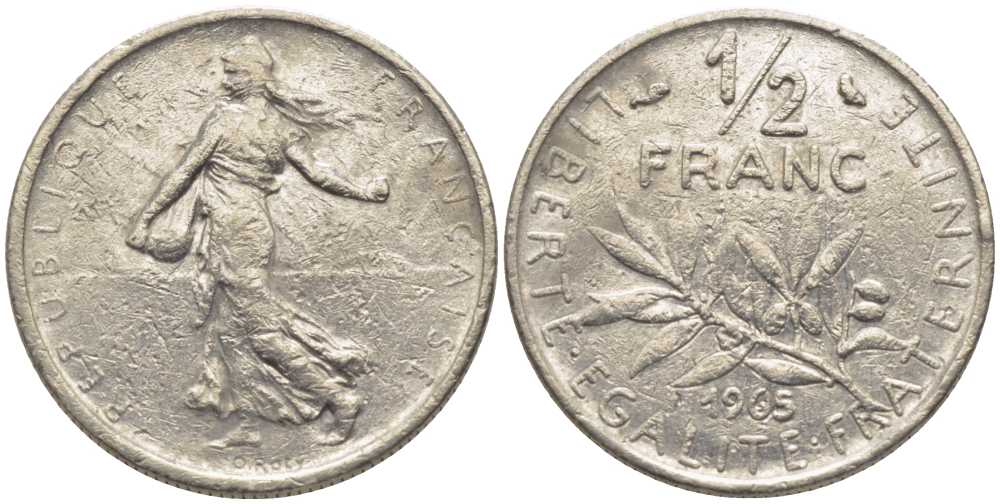 Франция 1/2 франка 1965 сеятель KM 931, Le Franc 198.3 никель 116-617