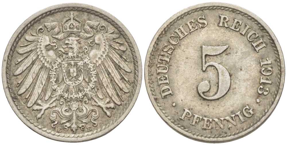ГЕРМАНИЯ 5 ПФЕННИГОВ 1913 E KM 11, J. 12 медно-никель 105-167