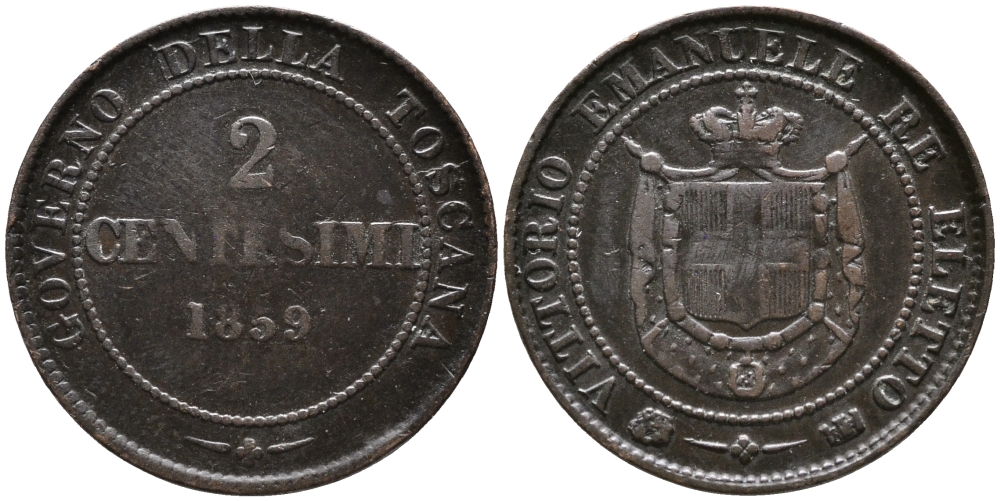 ИТАЛИЯ, ТОСКАНА 2 ЧЕНТЕЗИМО 1859 ВИКТОР ИМАНУИЛ, ВТОРОЙ ПРЕДВАРИТЕЛЬНЫЙ ВЫПУСК KM 82 медь 100-533
