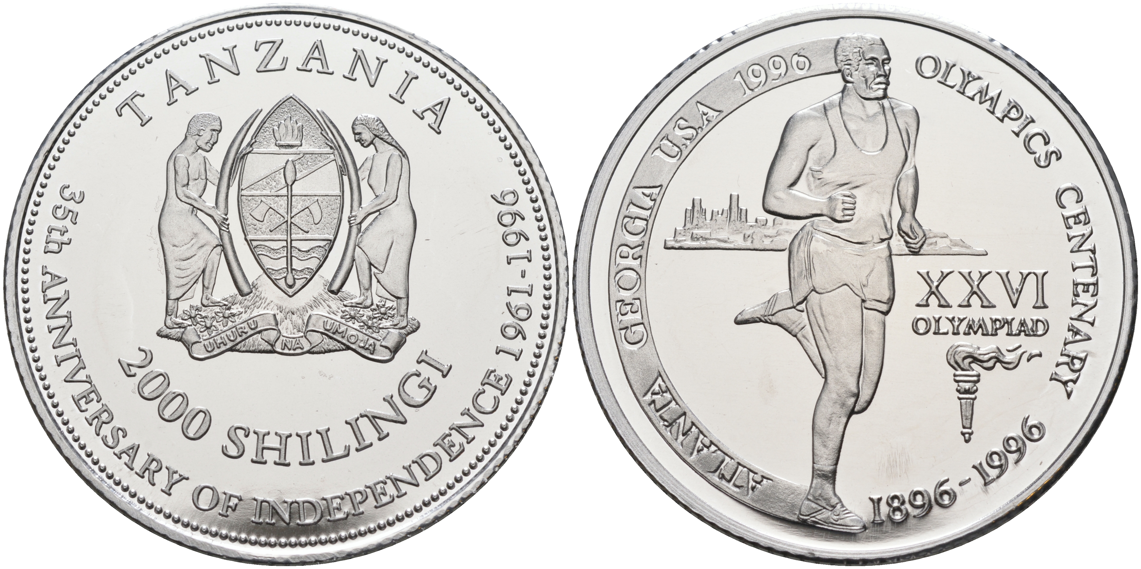 Танзания 2000 шиллингов 1996 XXVI Олимпийские игры 1996 года в Атланте, 100 лет Олимпийскому движению, бег, пробник, рубчатый гурт алюминий PROOF 06-135-12