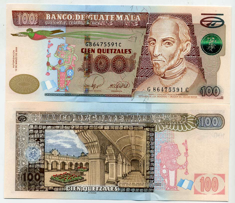 Гватемала 100 кетсалей 2008 12 марта 2008, Франциско Марокуин, первый епископ Гватемалы Pick 118 бумага UNC (пресс) 447-36-2-3