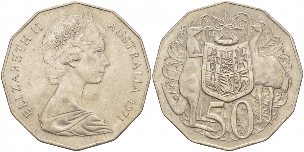 Австралия 50 центов 1971 Елизавета II (1952-2022), герб Австралии, кенгуру KM 68 медно-никель UNC 111-211