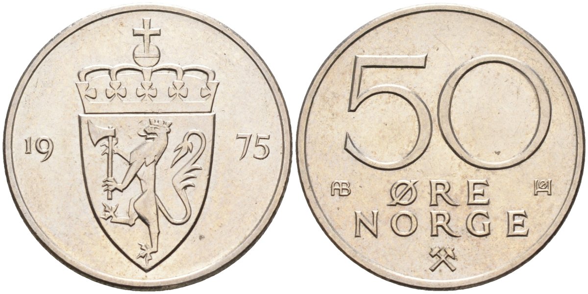 Норвегия 50 эре 1975 Улаф V (1957-1991) KM 418 медно-никель UNC 4582-726