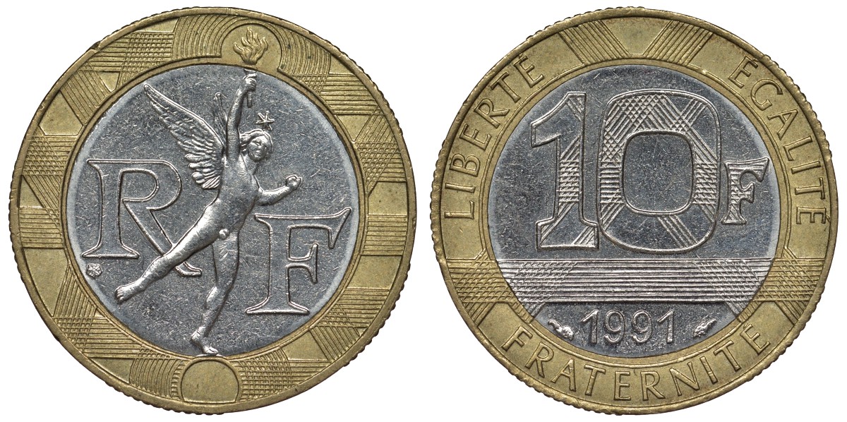 Франция 10 франков 1991 тип гений Бастилии KM 964.1, Le Frank 375.6 биметалл 4128-521