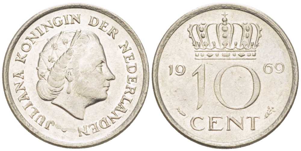 Нидерланды 10 центов 1969 Юлиана (1948-1980) KM 182 никель 214-1242