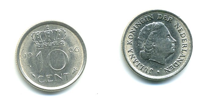 НИДЕРЛАНДЫ 10 ЦЕНТОВ 1966 ЮЛИАНА KM 182 никель 76-339