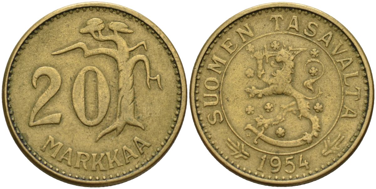 Финляндия 20 марок 1954 KM 39 алюминиевая бронза 4150-957
