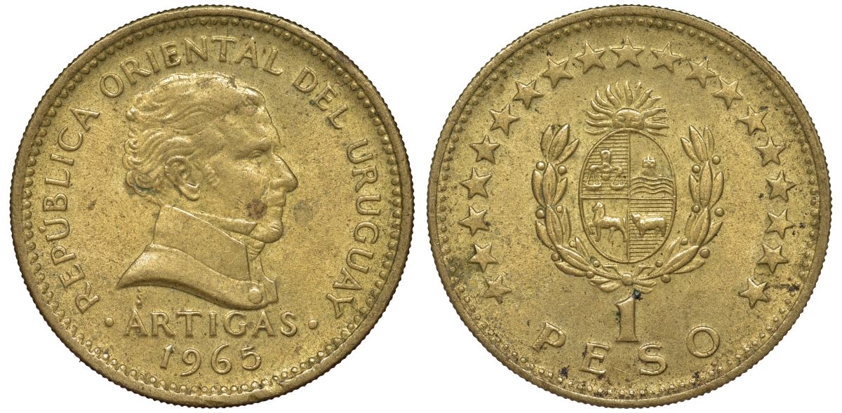 Уругвай 1 песо 1965 KM 46 алюминиевая бронза 28-1155