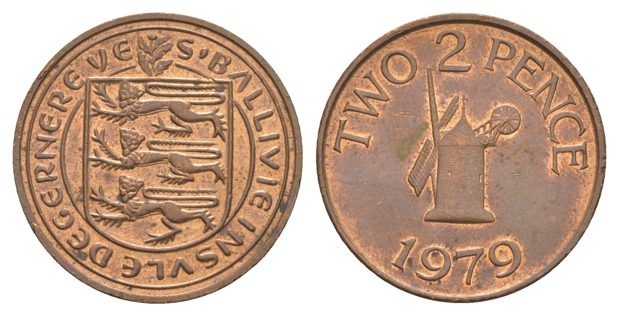 Гернси 2 пенса 1979 Елизавета II (1952-2022), ветряная мельница KM 28 бронза 4656-1057