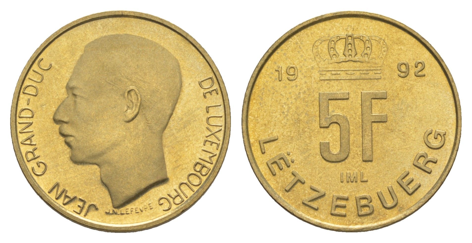 Люксембург 5 франков 1992 Великий герцог Жан (1964-2000), тираж 20.000 экземпляров KM 65 алюминиевая бронза BU 4178-654