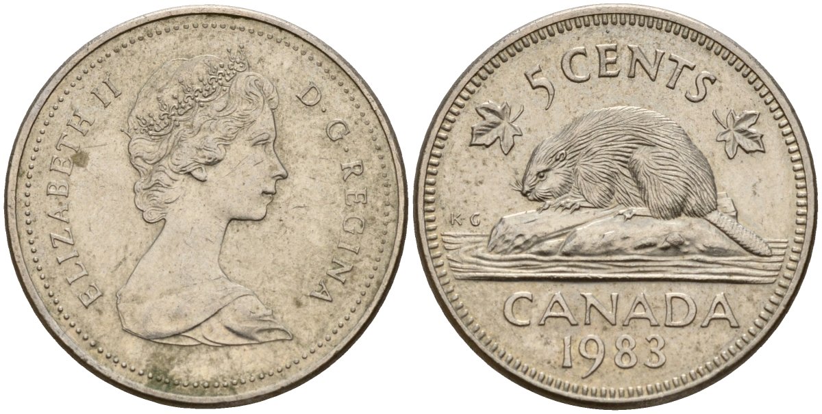 Канада 5 центов 1983 Елизавета II (1952-2022), бобер KM 60.2a медно-никель 4189-914